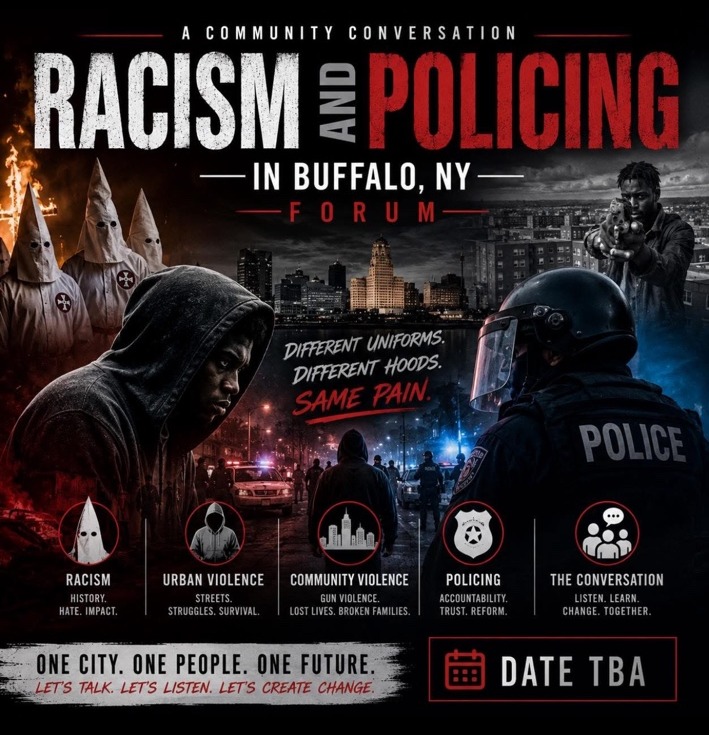 Racism and Policing in Buffalo New York community conversation forum flyer